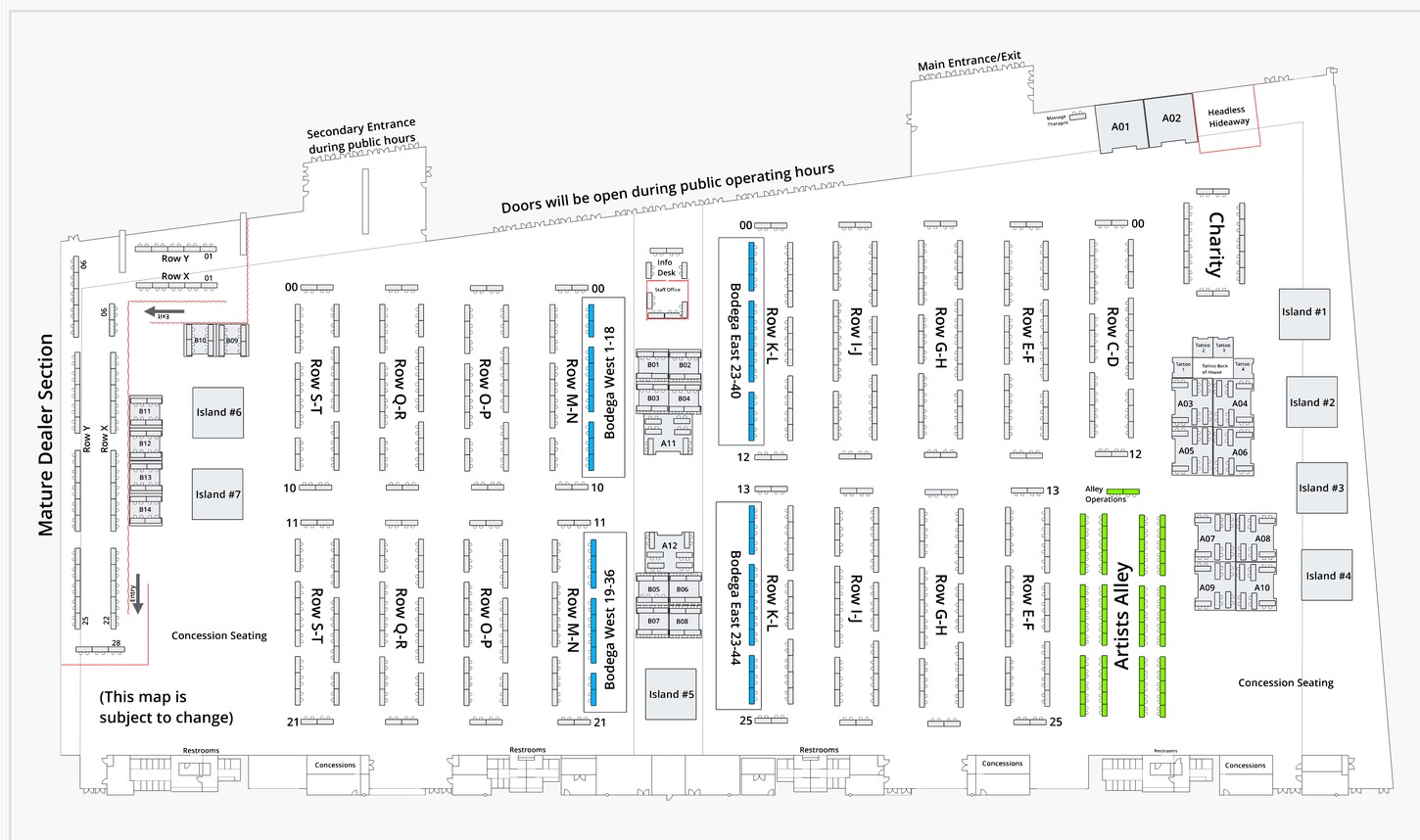 A diagram of the Anthrocon 2026 Dealers Room where different vendors are located.